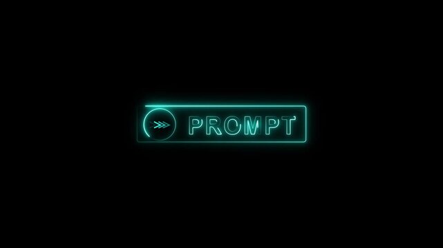 Neon blue prompt button with forward arrow icon. Prompt button glowing light. Neon blue prompt button for user interface navigation and digital command visualizations.