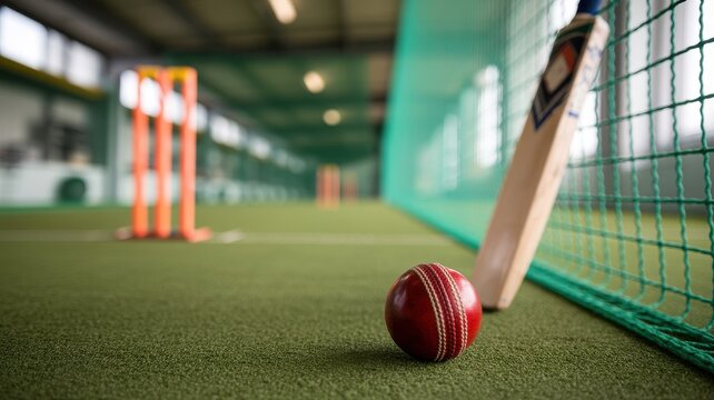 Cricket wicket set with ball and bat in indoor nets