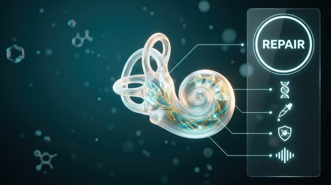 A glowing inner ear cochlea with nano fibers repairing cells connected with icons in lab space, tinnitus treatment, medical technology concept