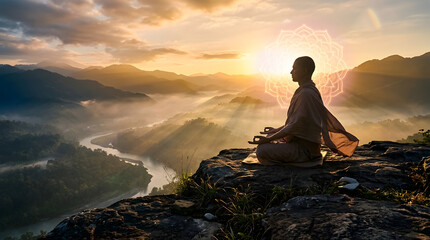 Obraz premium Serene Contemplation: A monk meditates atop a mountain peak, bathed in the ethereal glow of sunrise, embodying tranquility and spiritual awareness.