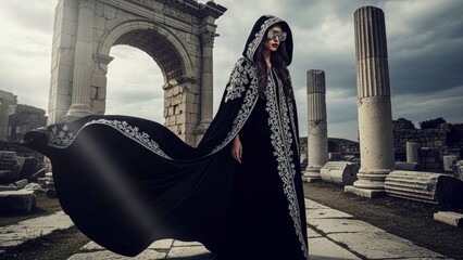 Naklejka premium Elegance in the Ruins: A woman, draped in a flowing black hooded cloak, strikes a pose amidst the ancient remnants of a classical civilization, embodying a sense of mystery and timeless beauty.