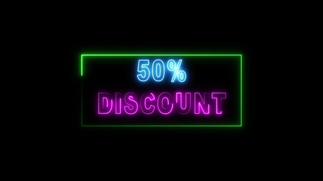50 percent discount neon sign with green border. Discount neon sign sale. 50 percent discount neon sign for retail promotion and digital marketing offer illustrations.
