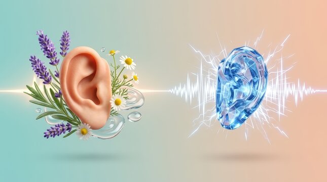 The two ears showing a chaos with sharp waves and calm with flowers, contrast of noise and peace, tinnitus relief concept