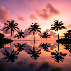 Obraz premium Silhouettes of palm trees at sunset by the beach