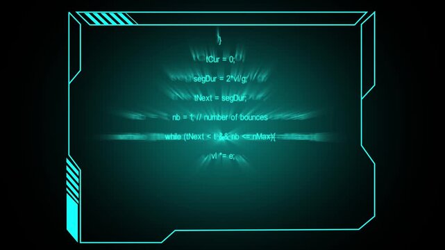 Cyan digital code displayed on futuristic screen with light rays. Digital code programming. Cyan digital code for software development and cybersecurity background animations.