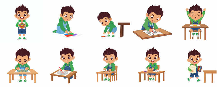 Various Cute Young Boy Engaging in Different Creative Activities and Hobbies