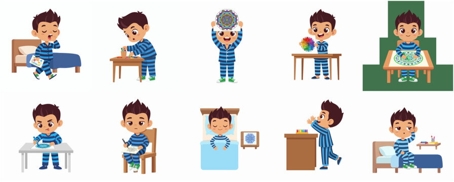 Set of Daily Activities Performed by a Cute Boy in Blue Pajamas Illustrative Icons