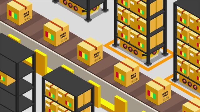Smart Automated Warehouse System with Flag of GUINEA, Modern Industrial Logistics and Supply Chain Animation
