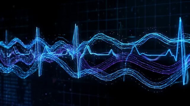 This video features vibrant blue and purple futuristic wireframe pulse waves moving across a dark background.
