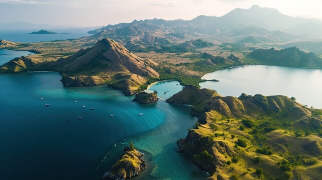 Aerial panorama of rugged green peninsulas and turquoise bays forming dramatic coastlines