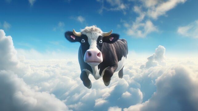 Close up portrait of funny cow jumping through fluffy white clouds in clear blue sky.