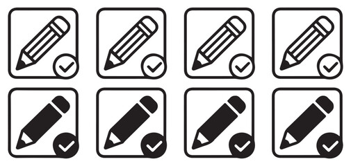 Fototapeta premium Pencil icon with checkmark sign in rounded square for task completed vector illustration eps 10