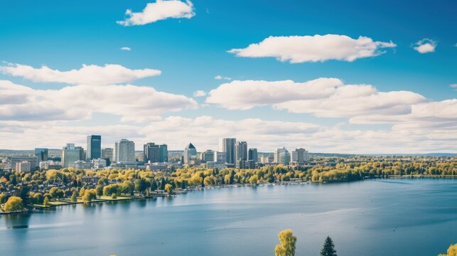 Panoramic cityscape skyline over a wide blue lake with trees and a bright sunny sky.