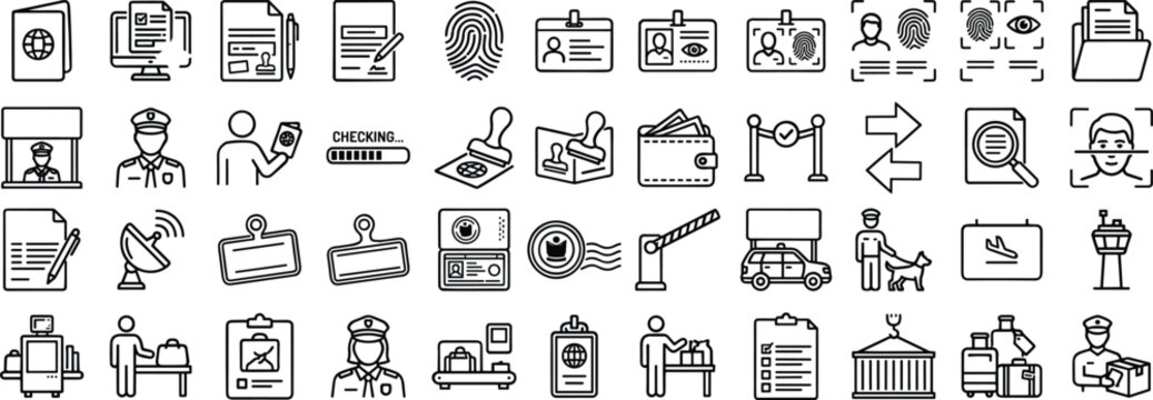 Comprehensive immigration and border security line art icon set featuring passport control, visa, customs, identity check, and travel documents in editable stroke style.