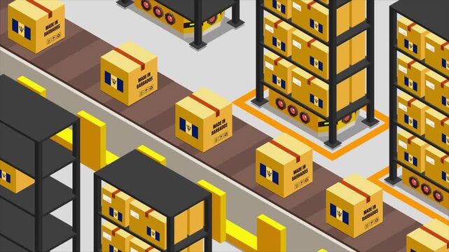 Smart Automated Warehouse System with Flag of BARBADOS, Modern Industrial Logistics and Supply Chain Animation