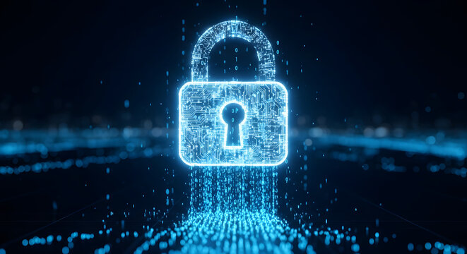 Cybersecurity Sanctuary: A digital padlock, constructed from radiant pixels, emanates a profound sense of protection and security, standing as a bulwark against the shadowy threats of the cyber world.