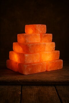 Glowing Himalayan salt bricks stacked on wooden table