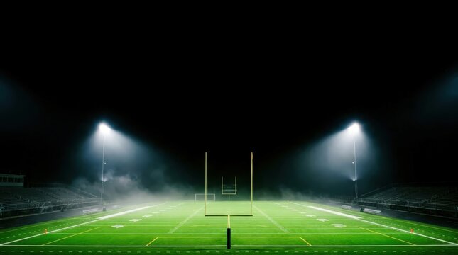 Experience dramatic fog rolling across illuminated American football gridiron under intense night stadium lights