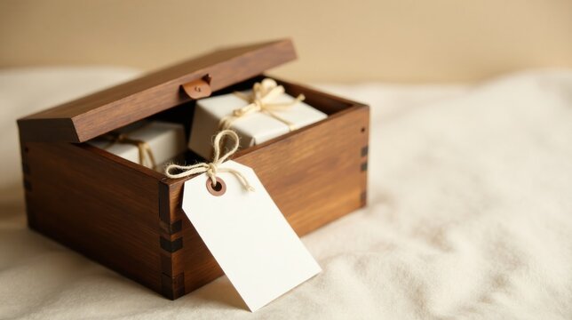 A wooden box with a hinged lid rests on a soft, neutral-colored surface, containing several small, wrapped presents tied with natural twine, and a blank tag is attached for personalized messaging.