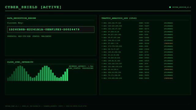 Cyber Shield Security Dashboard with Green HUD Elements.