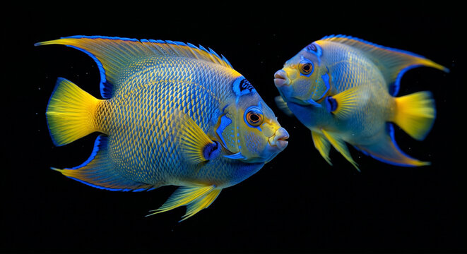 Two blue angelfish with striking yellow fins and tail gracefully swimming against a deep black background showcasing their intricate patterns and colors tropical fish marine life sea life