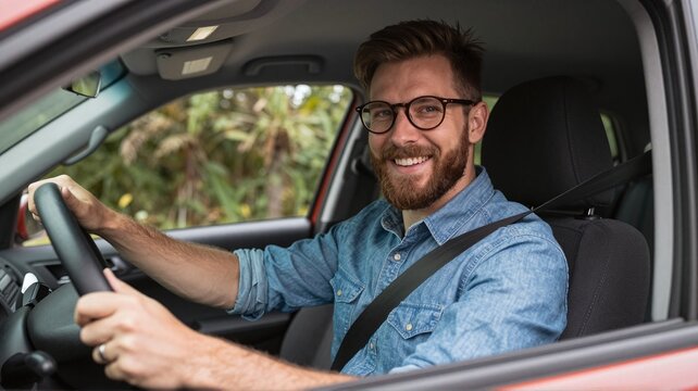 Man driving car smiling wearing glasses and seatbelt.