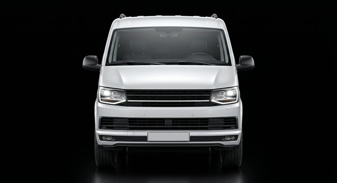 Front view of white cargo van on a clean black background commercial vehicle isolated plain background transport delivery studio shot automobile logistics shipping business automotive