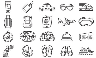 Fototapeta premium travel icons set, tourism and vacation symbols with transport luggage passport and airplane, minimal vector collection on transparent background