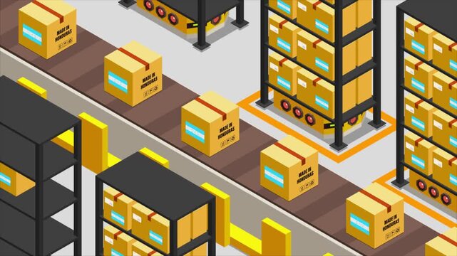 Smart Automated Warehouse System with Flag of HONDURAS, Modern Industrial Logistics and Supply Chain Animation