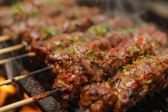 Close up of juicy lula kebabs grilling on a barbecue, seasoned with fresh herbs and spices, creating a mouthwatering culinary experience