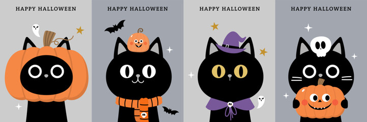 Happy Halloween greeting card with cute black cat in ghost costume and spooky pumpkin. Animal holidays cartoon character. -Vector. © Dusida