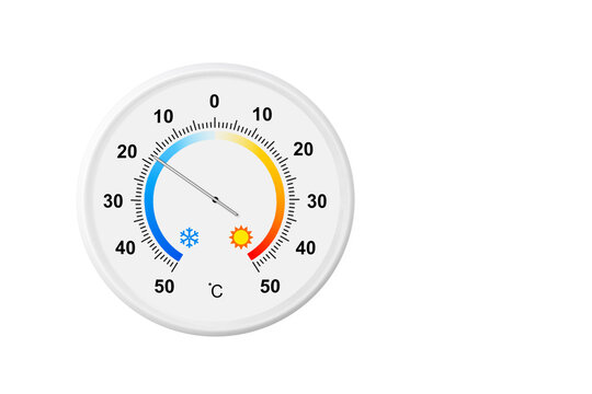 Circular celsius scale thermometer isolated on a white background. Ambient temperature minus 18 degrees celsius