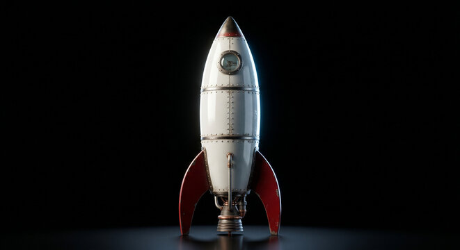 Retro style rocket model standing on a dark background ready for launch and space exploration innovation business ambition technology progress development discovery adventure