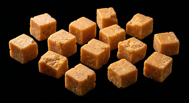 Delicious caramel or fudge candy cubes scattered on a dark background sweet dessert treat confection delicious homemade chocolate ingredient indulgence collection scattered isolated