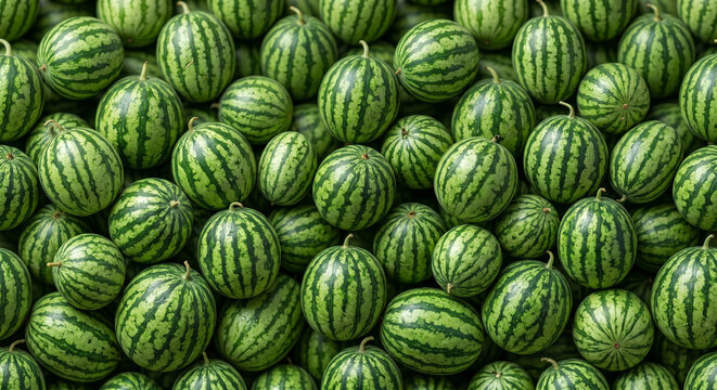 Full frame background of many small fresh green striped watermelons ripe and ready for harvest watermelon agriculture background cultivation vegetarian refreshing cucurbit abundance seasonal
