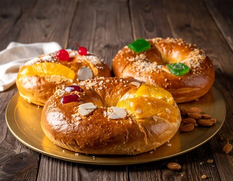 Three Rosca de Reyes cakes adorned with candied fruit on a golden plate against a rustic wooden backdrop