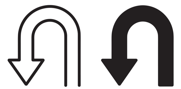 uturn arrow direction navigation sign icon set, outline and filled versions on transparent background
