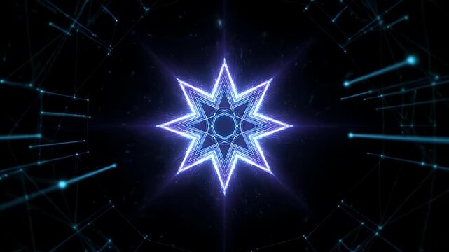 A nine-pointed star consisting of wireframe outlines glows brightly at the center of a dark background. The star is surrounded by a network of interconnected lines and nodes, also glowing blue.