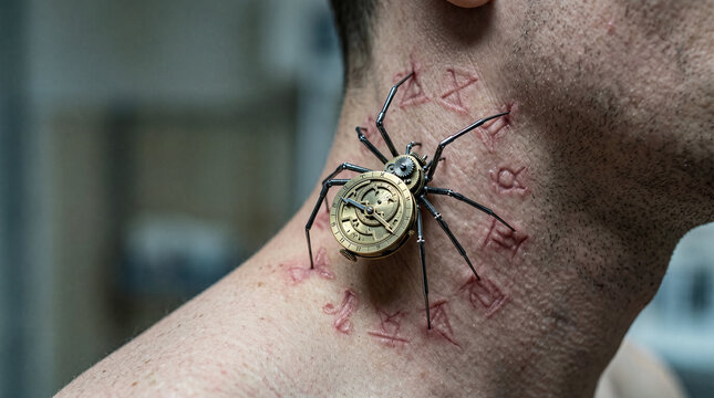 Surreal concept of a mechanical steampunk spider biting a human neck near zodiac sign scars