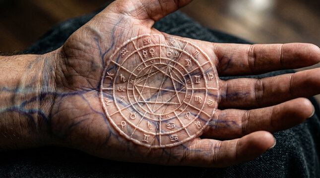 Seal of Fate: Astrological Natal Chart Branded on a Human Palm.