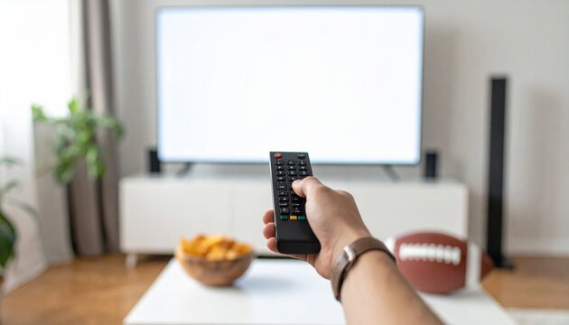 Hands with remote and snacks during football streaming at home
