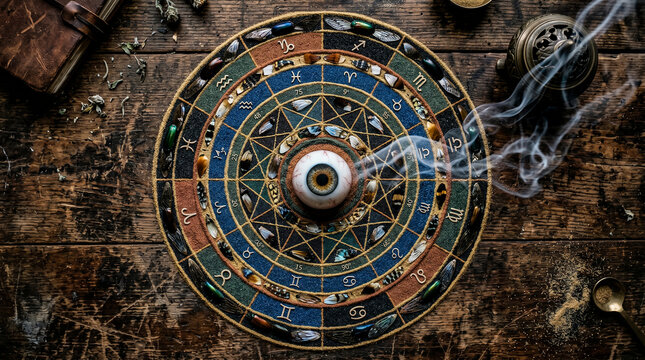 Astrological prediction concept: top view of an altar with sand mandala and herbs.