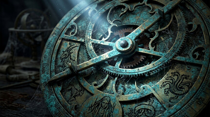 Naklejka premium Close-up of an ancient, patinated astrological astrolabe with zodiac signs and runes in a dark observatory.