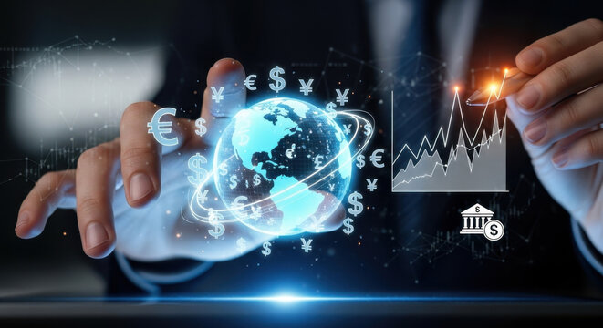 Global investor analyzes digital currency exchange ,financial markets ,stock chart, banking icon, multi currency symbols, representing fintech innovation, secure transactions, economic growth.