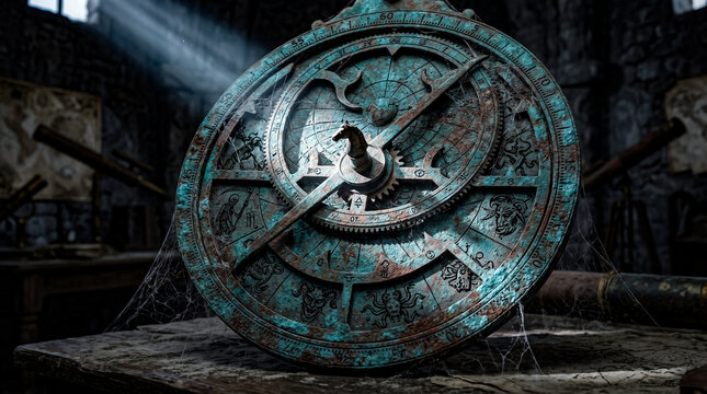 Close-up of an ancient, patinated astrological astrolabe with zodiac signs and runes in a dark observatory.