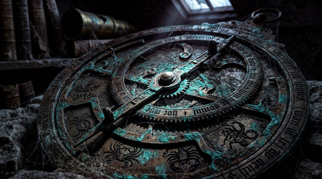 Close-up of an ancient, patinated astrological astrolabe with zodiac signs and runes in a dark observatory.