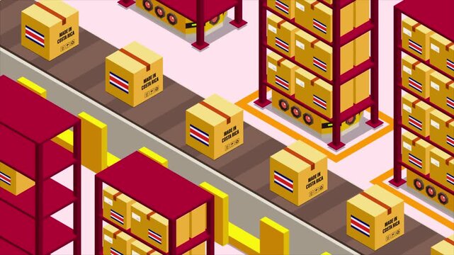 Smart Automated Warehouse System with Flag of COSTA RICA, Modern Industrial Logistics and Supply Chain Animation