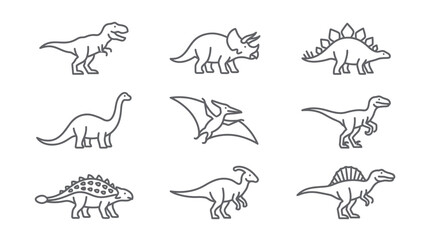 Line art illustrations of various dinosaurs isolated on white background © bro