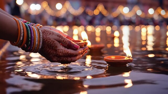 Ganga dussehra festival woman hands floating glowing oil lamps on river water