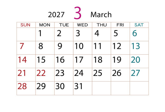 2027年カレンダー3月